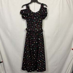 SL Fashions Vintage 80s Polka Dot Dress Cold Shoulder Belted Midi Cotton 12